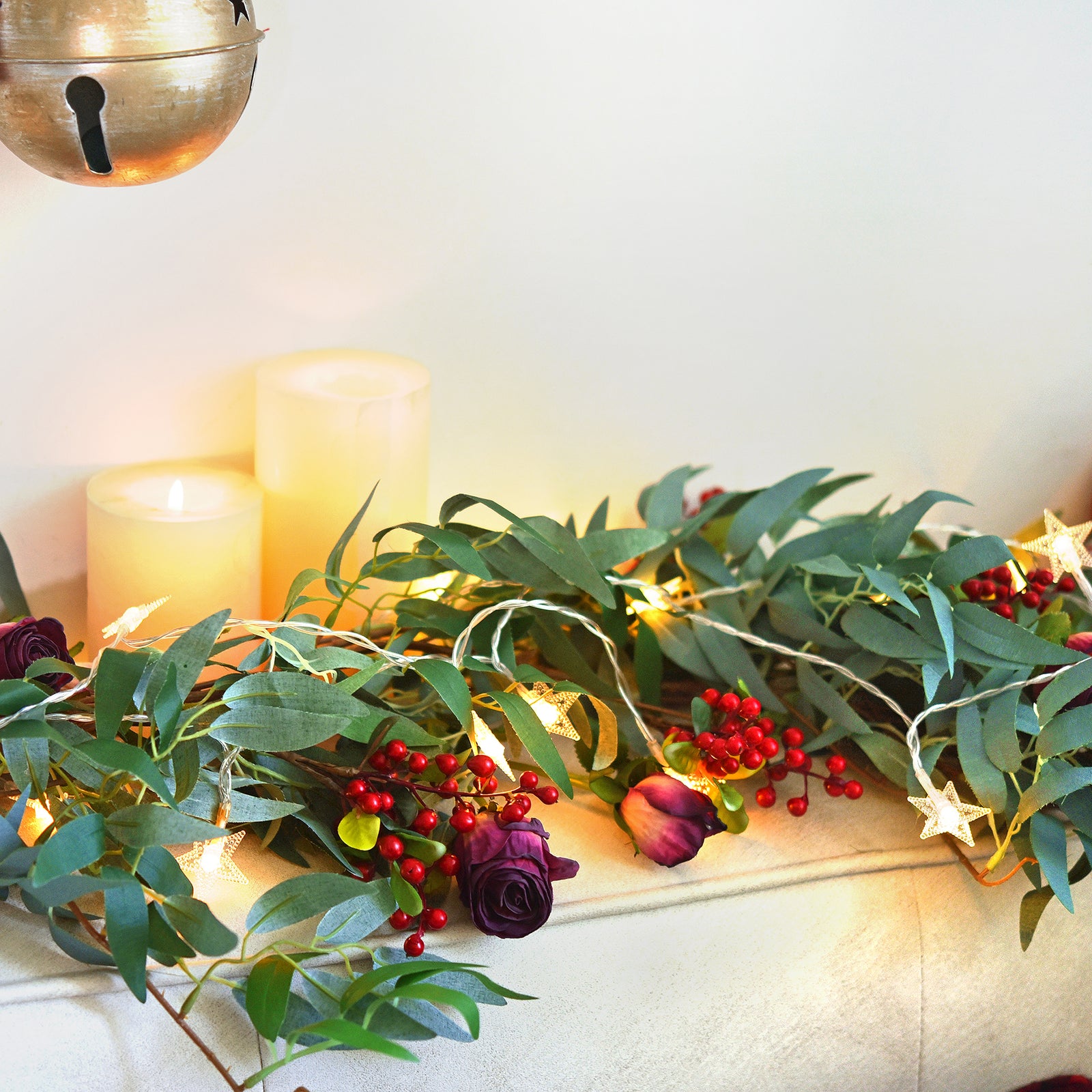 2 Mix Rustic Willow Garlands, Bendable Artificial Greenery Vine Leaves for Wedding Home Decoration with 33 Feet Star String Lights (Battery-Powered)