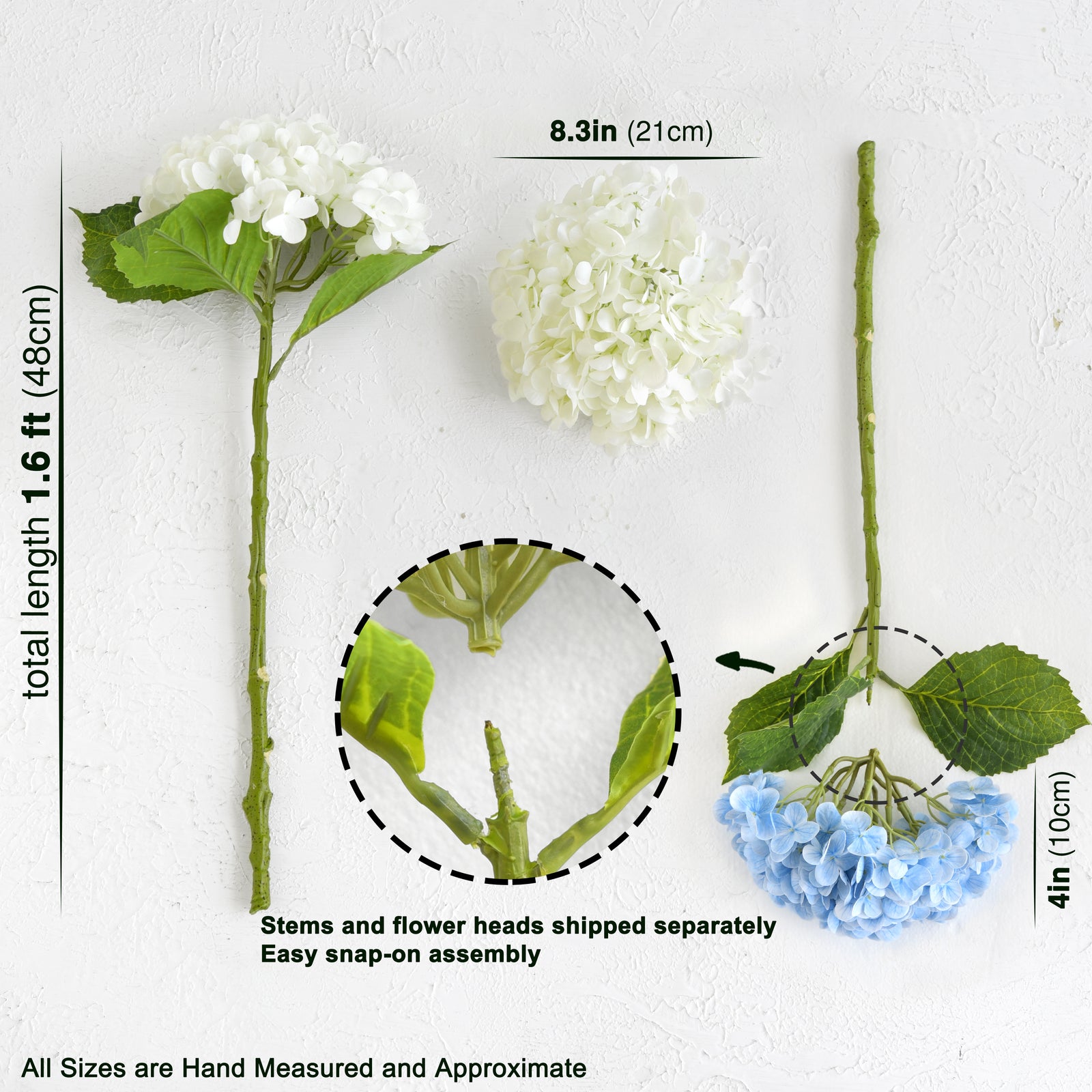 FiveSeasonStuff 2 Stems Real Touch Petals and Leaves Artificial Hydrangea Flowers Long Stem Floral Arrangement | for Wedding Bridal Party Home Décor DIY Floral Decoration (White | Blue)