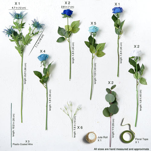 28 PCS DIY Set (POSH BLUE) Real Touch Mix Blue Roses Sea Holly Thistle Artificial Flowers Arrangement Silk Bouquet for Gift Home Wedding Bridal Corporate Gifts
