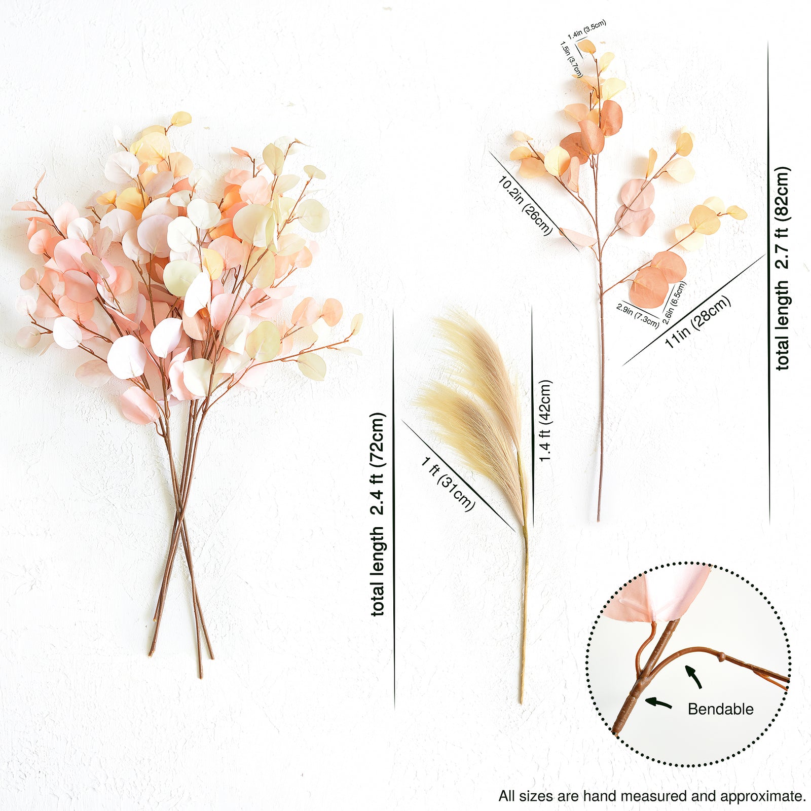 Sunlit Blush & Butter Cream Eucalyptus Bouquet – 7-Piece Artificial Stems with Pampas Grass for Home, Weddings & Year-Round Decor