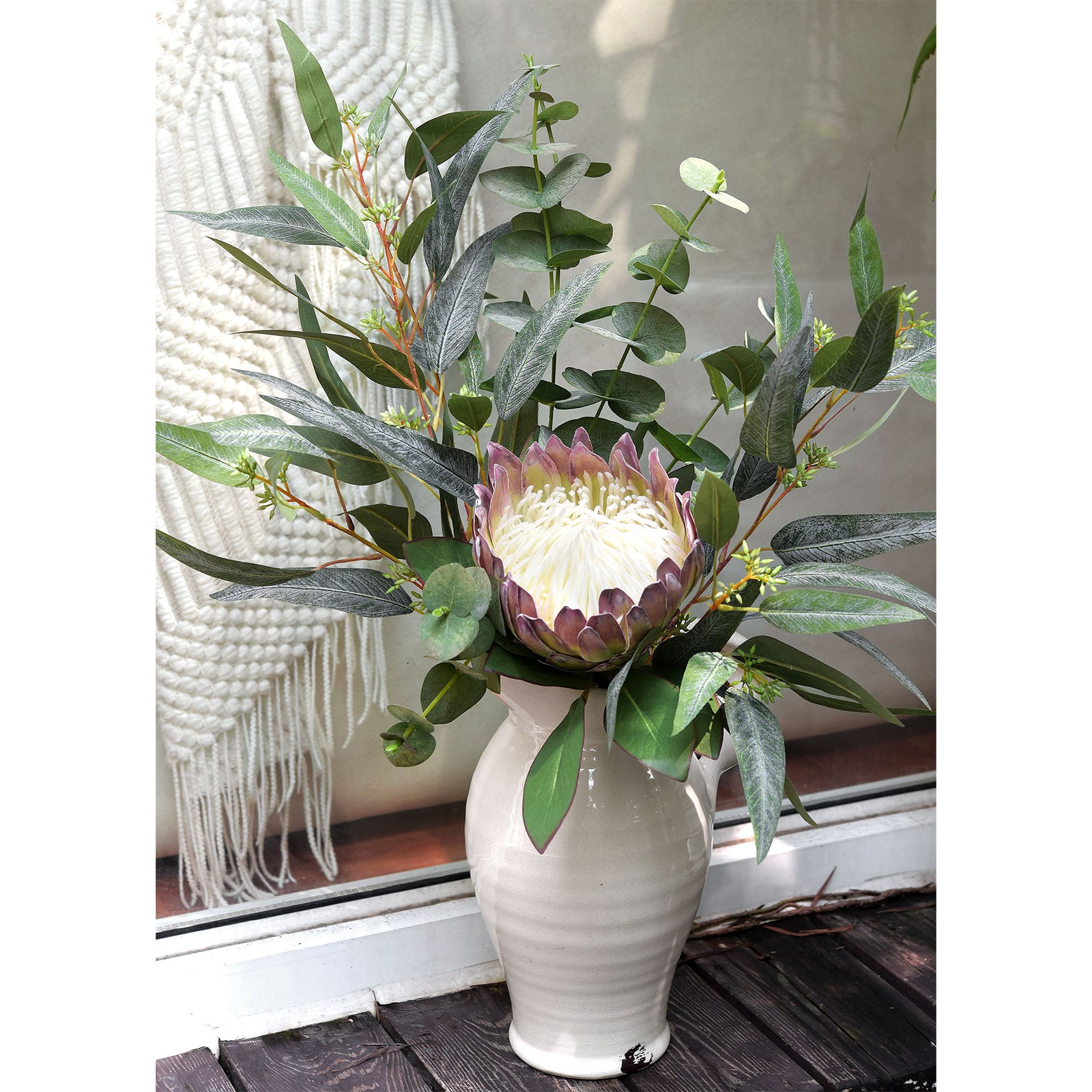 ''Timeless White Whisper'' Bouquet Chestnut White King Protea Arranged with Eucalyptus Leaves Silk Artificial Flowers