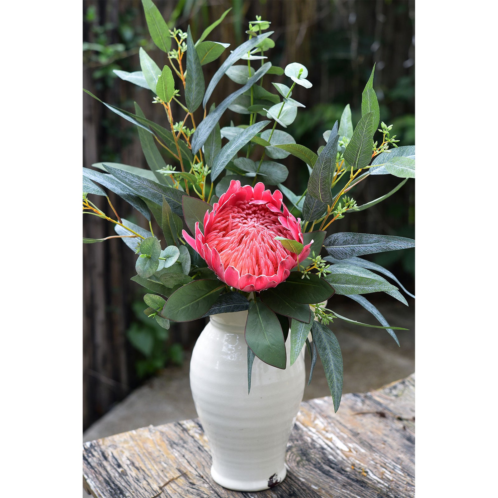 'Crimson Regal Harmony'' Bouquet Royale Burgundy King Protea Arranged with Eucalyptus Leaves Silk Artificial Flowers