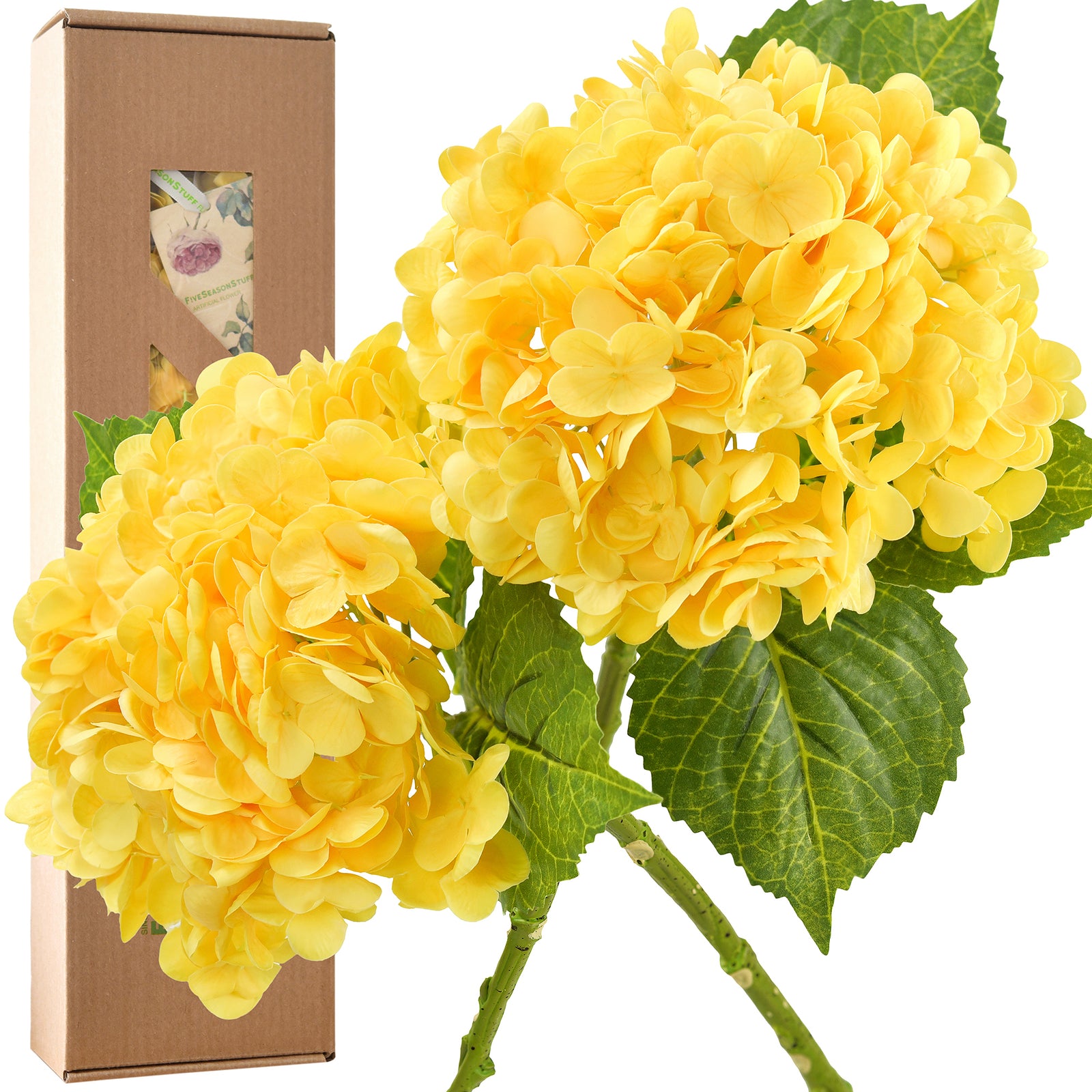 FiveSeasonStuff 2 Stems Real Touch Petals and Leaves Artificial Hydrangea Flowers Long Stem Floral Arrangement | for Wedding Bridal Party Home Décor DIY Floral Decoration (Yellow)