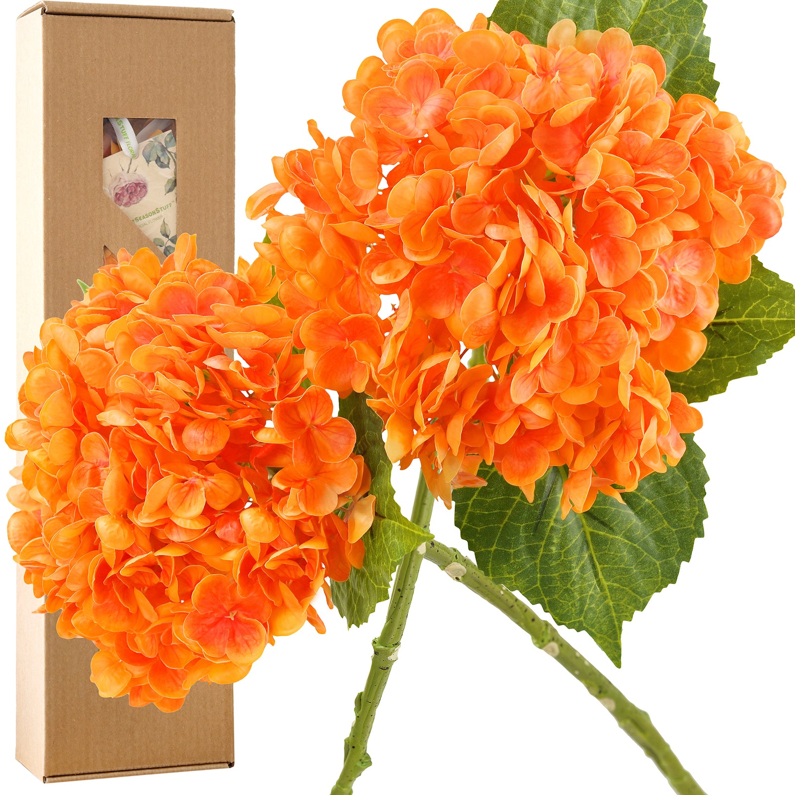 FiveSeasonStuff 2 Stems Real Touch Petals and Leaves Artificial Hydrangea Flowers Long Stem Floral Arrangement | for Wedding Bridal Party Home Décor DIY Floral Decoration (Orange)