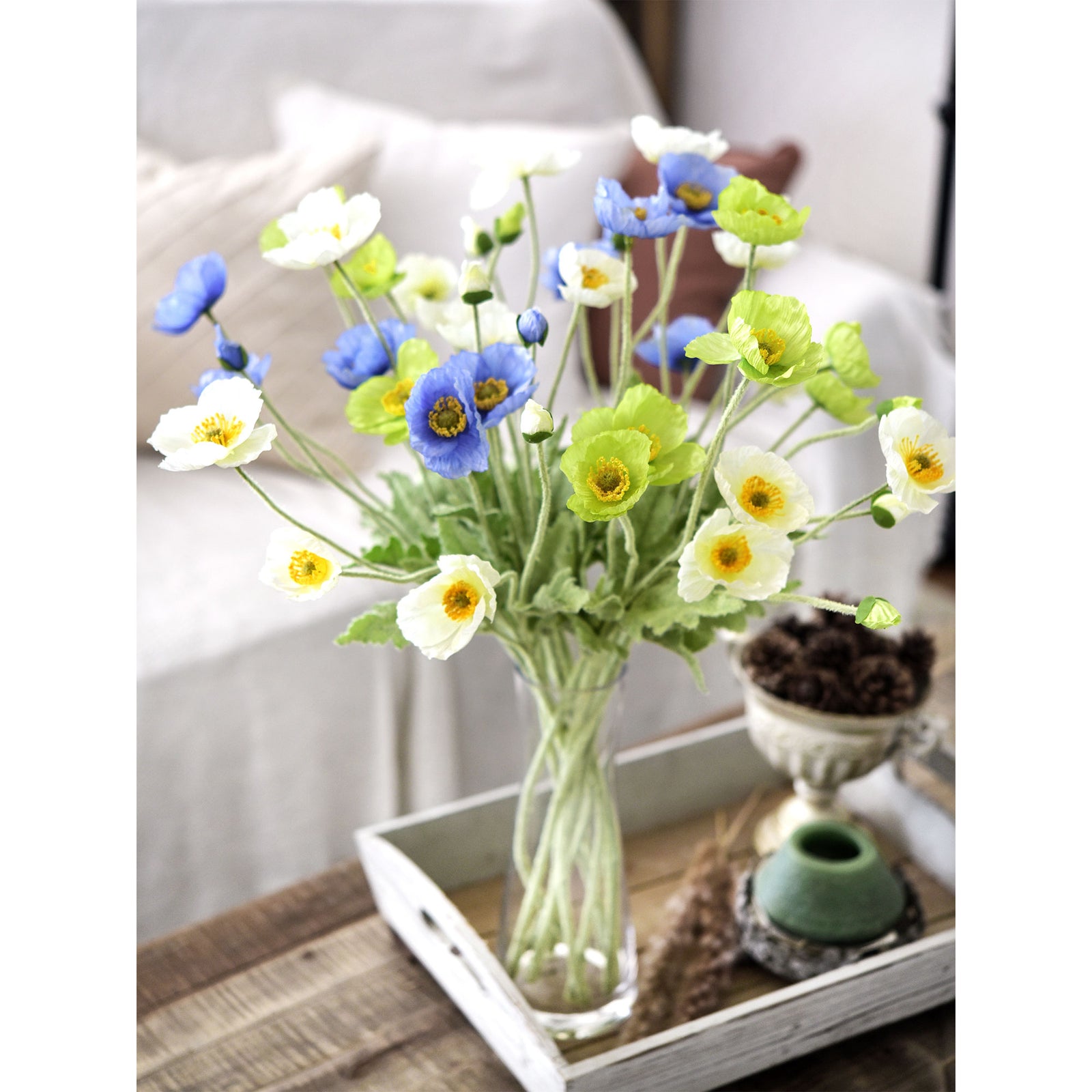 Pale Green Silk Poppies Artificial Flower Bouquet for Remembrance Home Wedding 6 Stems 23.6'' (60cm)