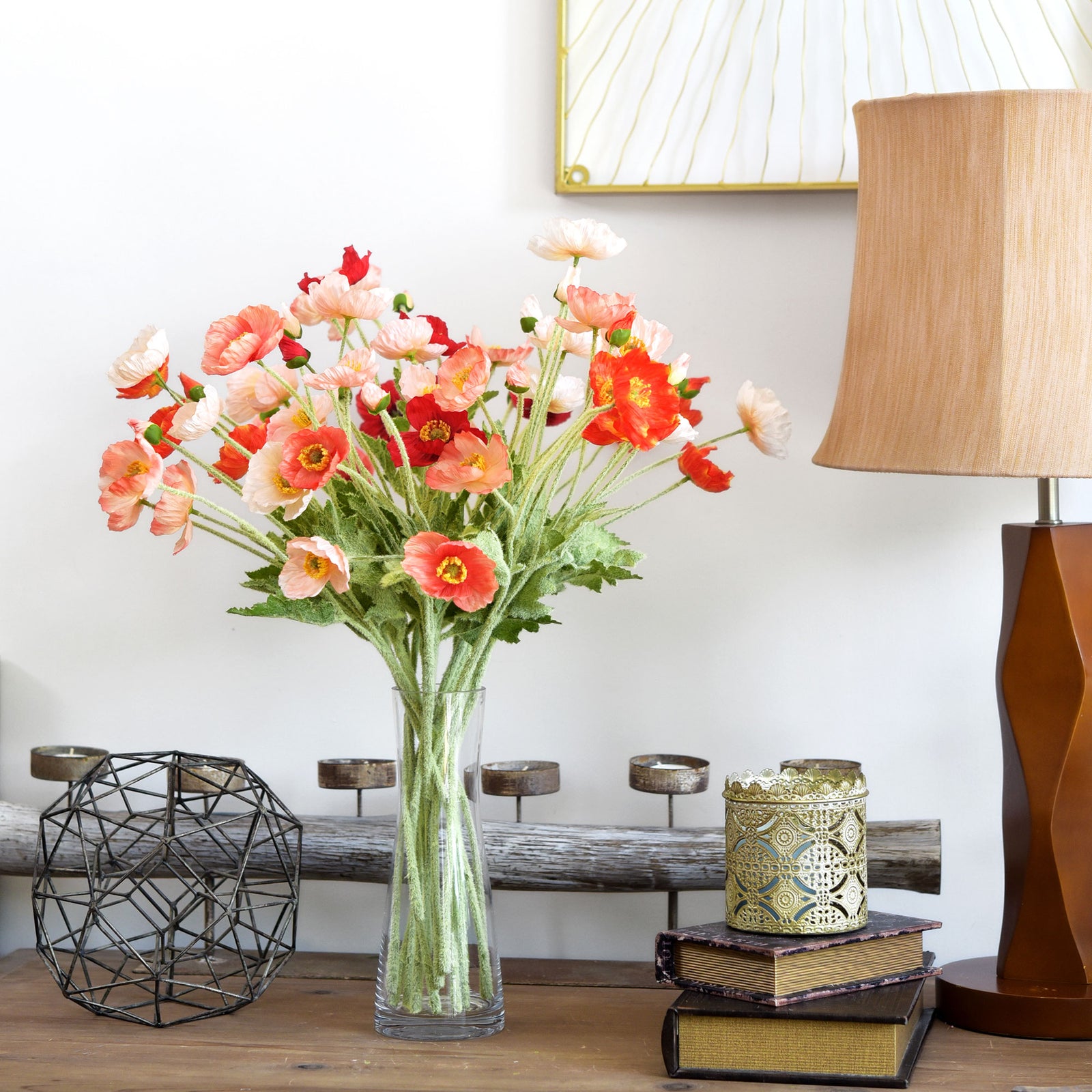 Coral Pink Silk Poppies Artificial Flower Bouquet for Remembrance Home Wedding 6 Stems 23.6'' (60cm)