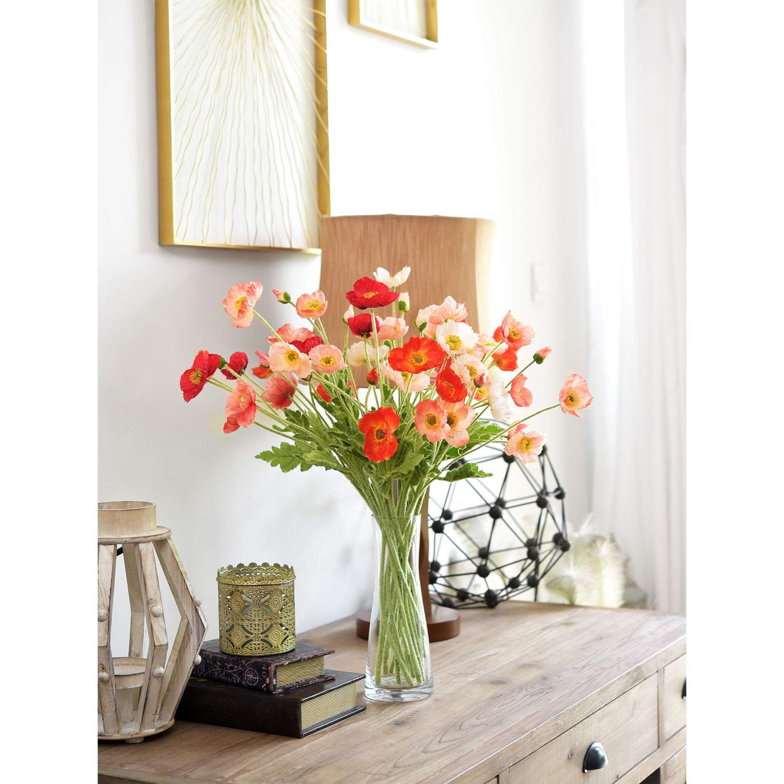 Burning Orange Silk Poppies Artificial Flower Bouquet for Remembrance Home Wedding 6 Stems 23.6'' (60cm)