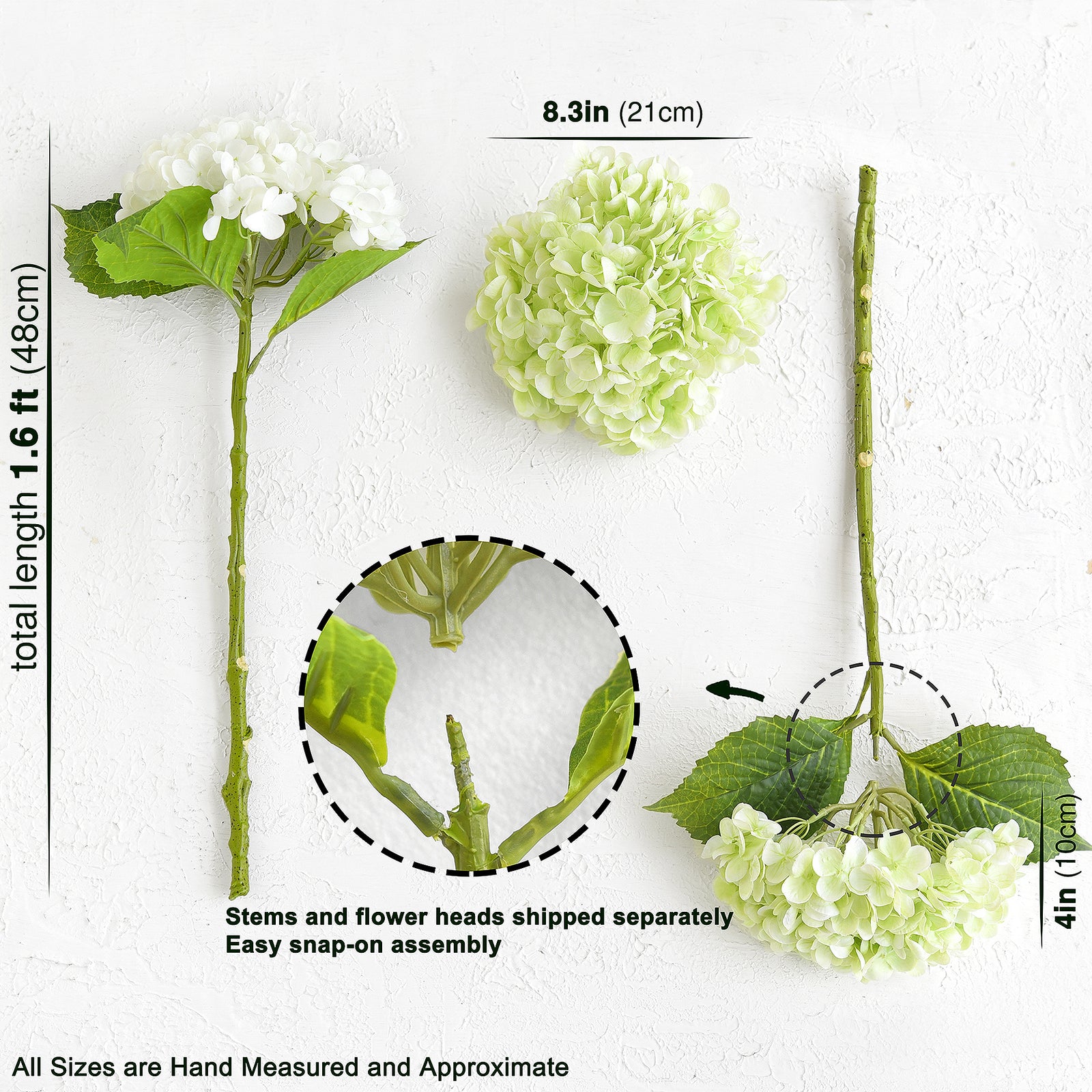 FiveSeasonStuff 2 Stems Real Touch Petals and Leaves Artificial Hydrangea Flowers Long Stem Floral Arrangement | for Wedding Bridal Party Home Décor DIY Floral Decoration (White | Pale Green)