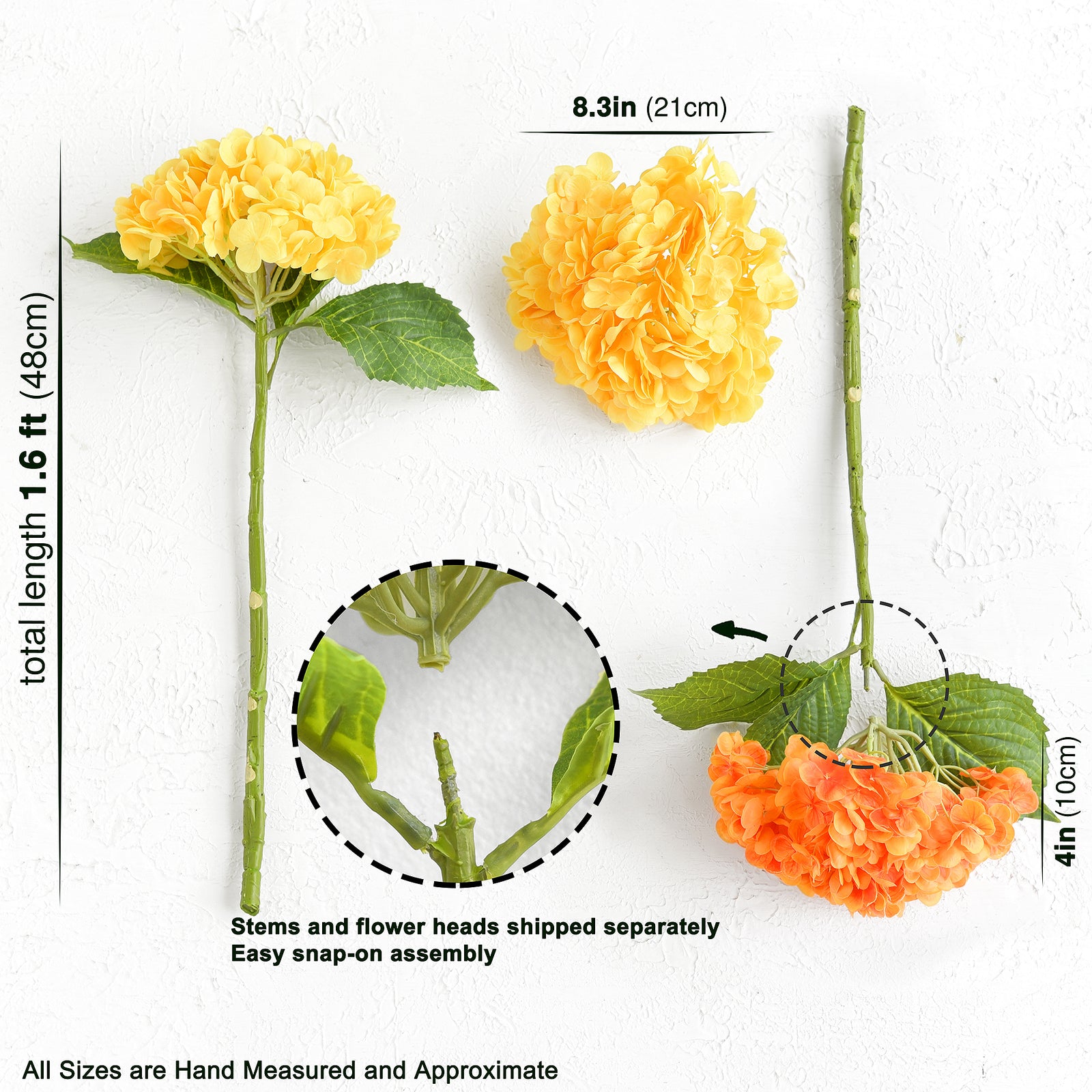 FiveSeasonStuff 2 Stems Real Touch Petals and Leaves Artificial Hydrangea Flowers Long Stem Floral Arrangement | for Wedding Bridal Party Home Décor DIY Floral Decoration (Yellow | Orange)