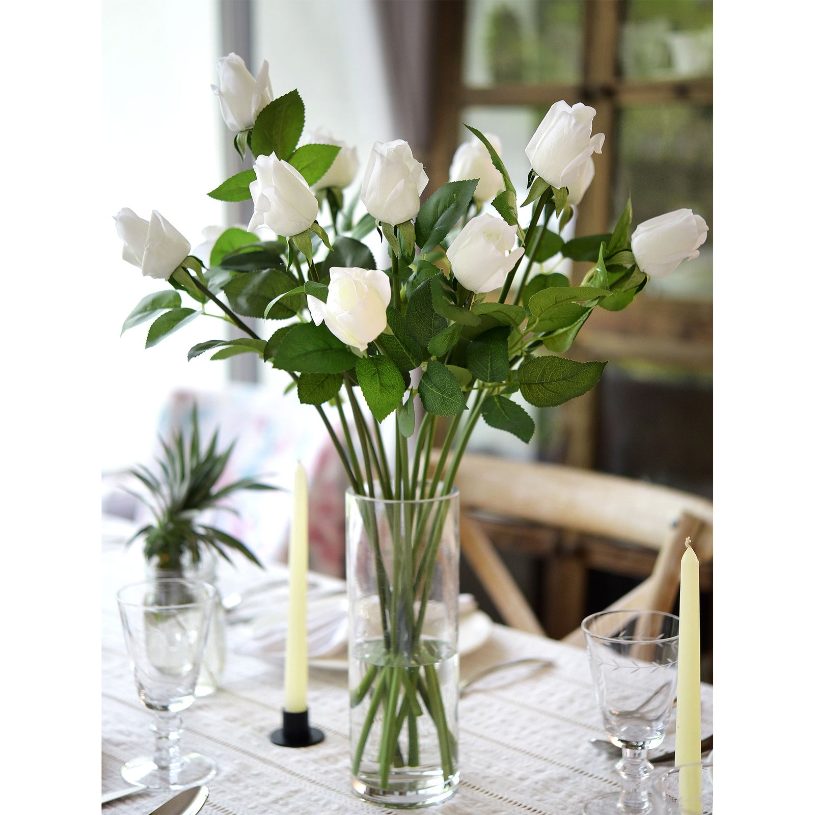Classic White Long Stem 21 inches Roses Real Touch Silk Artificial Flowers 12 Stems