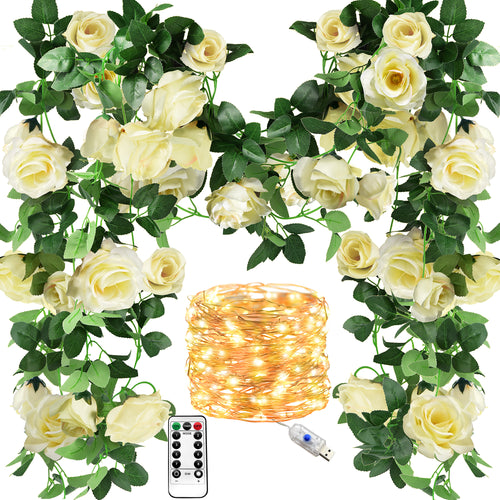 29 Ft 4 Pack Cream White Rose Silk Flower Garland Artificial Flowers Decoration Hanging Floral with 66 feet String Lights
