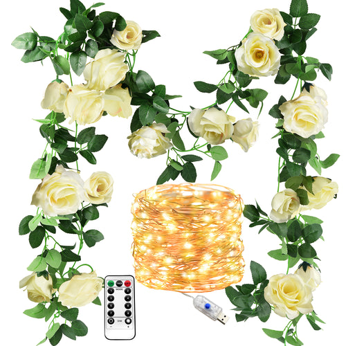 14 Ft 2 Pack Cream White Rose Silk Flower Garland Artificial Flowers Decoration Hanging Floral with 33 feet String Lights
