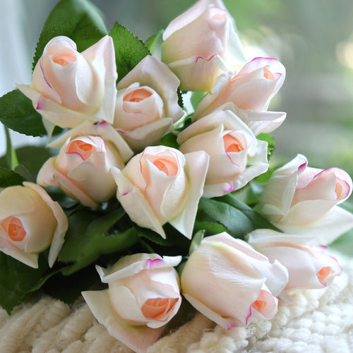 Antique White Pink Long Stem 21 inches Roses Real Touch Silk Artificial Flowers 12 Stems