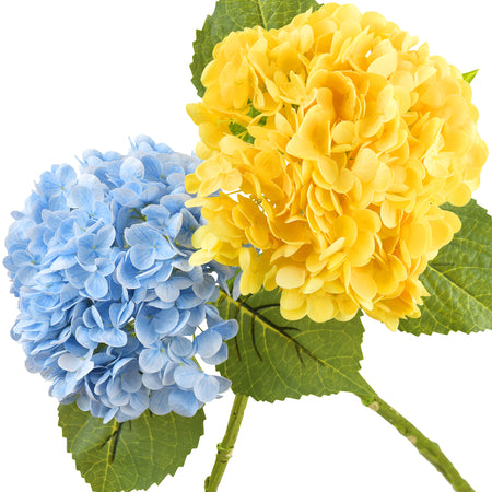 2 Real Touch Artificial Hydrangea Stems – Blue & Yellow