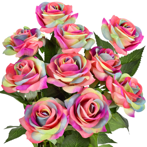Rainbow Real Touch Silk Artificial Flowers ‘Petals Feel and Look like Fresh Roses 10 Stems
