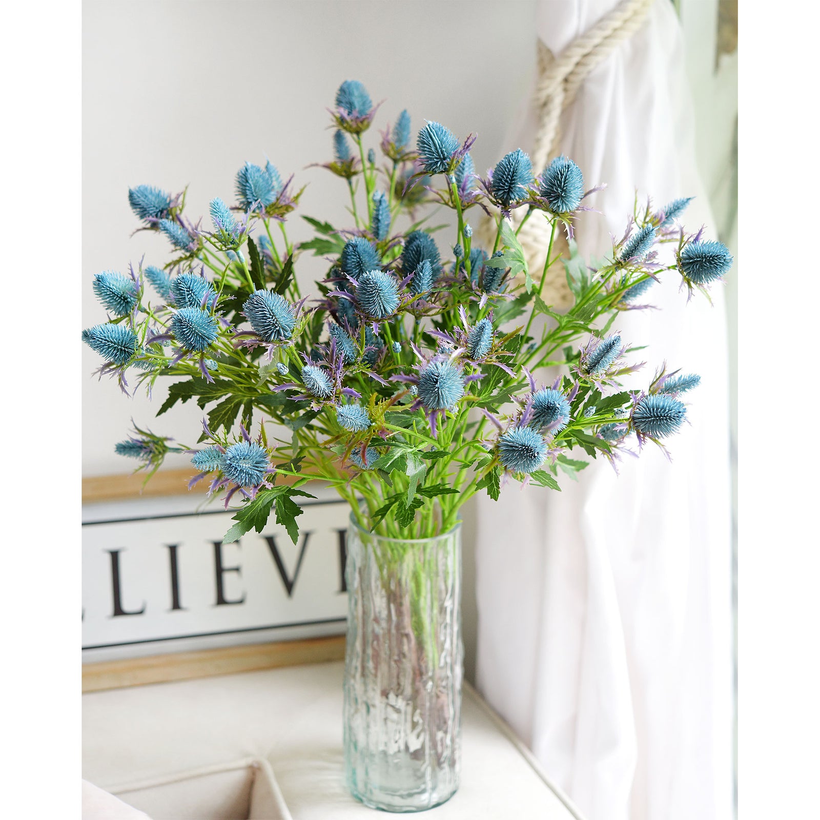 Real Life Size Artificial Real Touch Eryngium (Sea Holly) Northern Lights Blue Thistles (5 Stems)