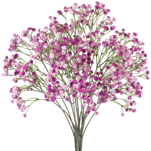 Pink-lavender mix artificial baby breath stems, set of 6, full branching stems on white background
