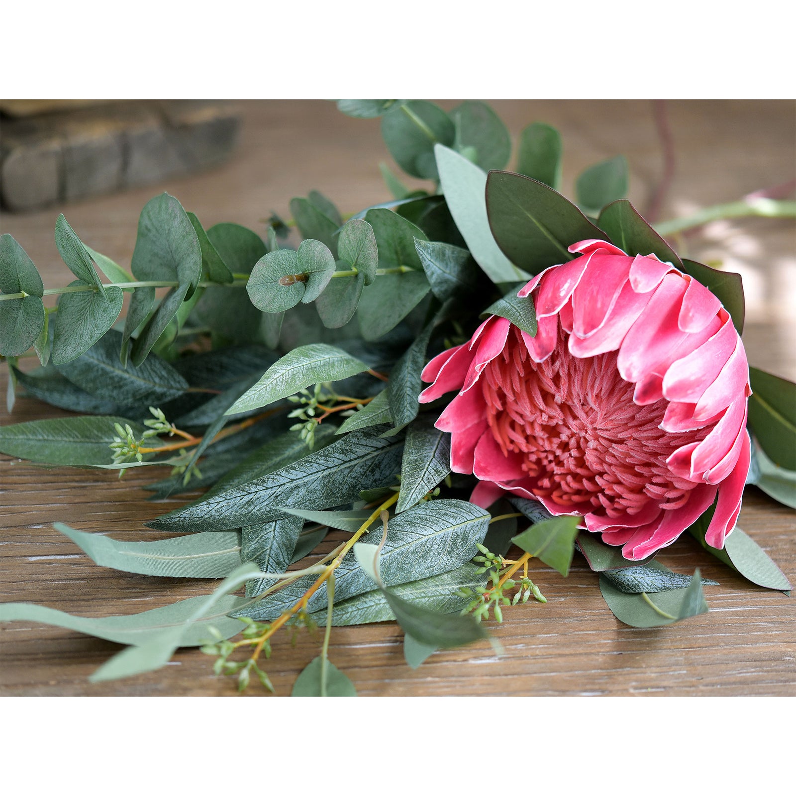 'Crimson Regal Harmony'' Bouquet Royale Burgundy King Protea Arranged with Eucalyptus Leaves Silk Artificial Flowers