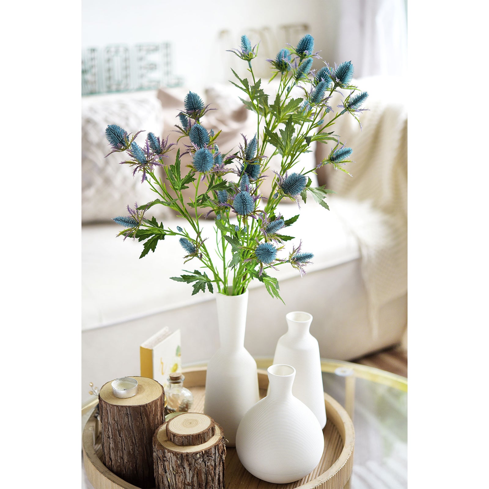 Real Life Size Artificial Real Touch Eryngium (Sea Holly) Northern Lights Blue Thistles (5 Stems)