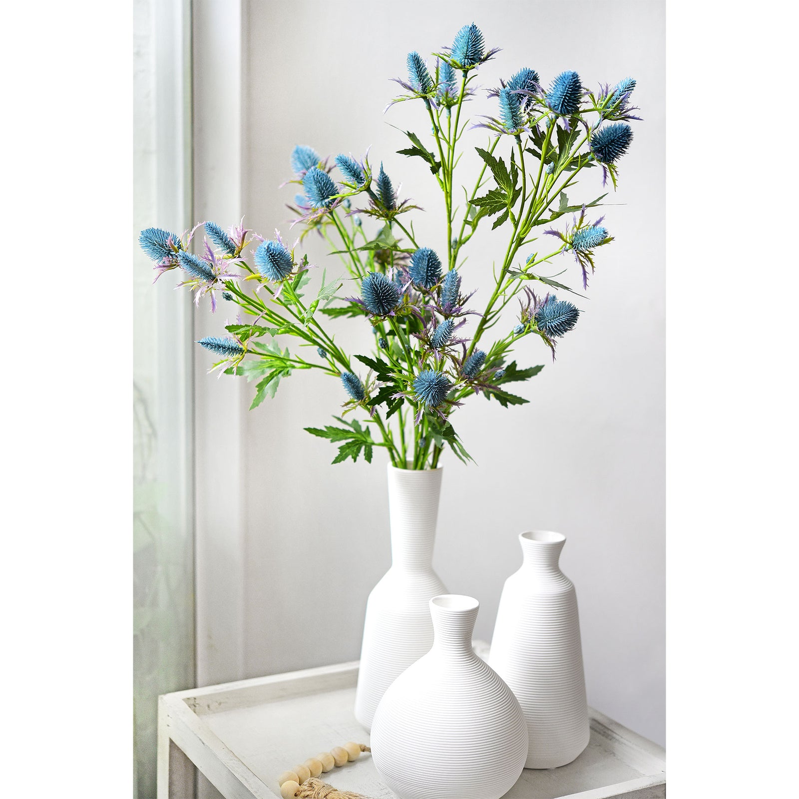 Real Life Size Artificial Real Touch Eryngium (Sea Holly) Northern Lights Blue Thistles (5 Stems)