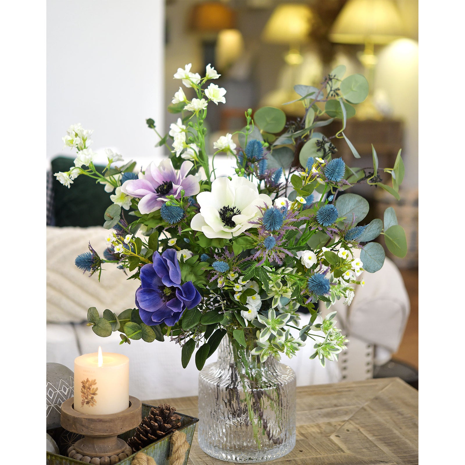 Real Life Size Artificial Real Touch Eryngium (Sea Holly) Northern Lights Blue Thistles (5 Stems)