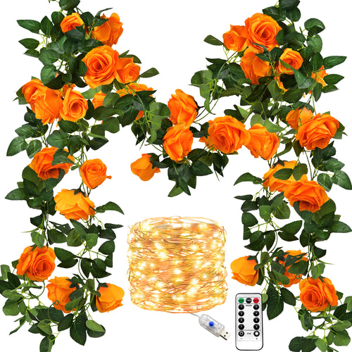 29 Ft 4 Pack Mandarin Orange Rose Silk Flower Garland Artificial Flowers Decoration Hanging Floral with 66 feet String Lights