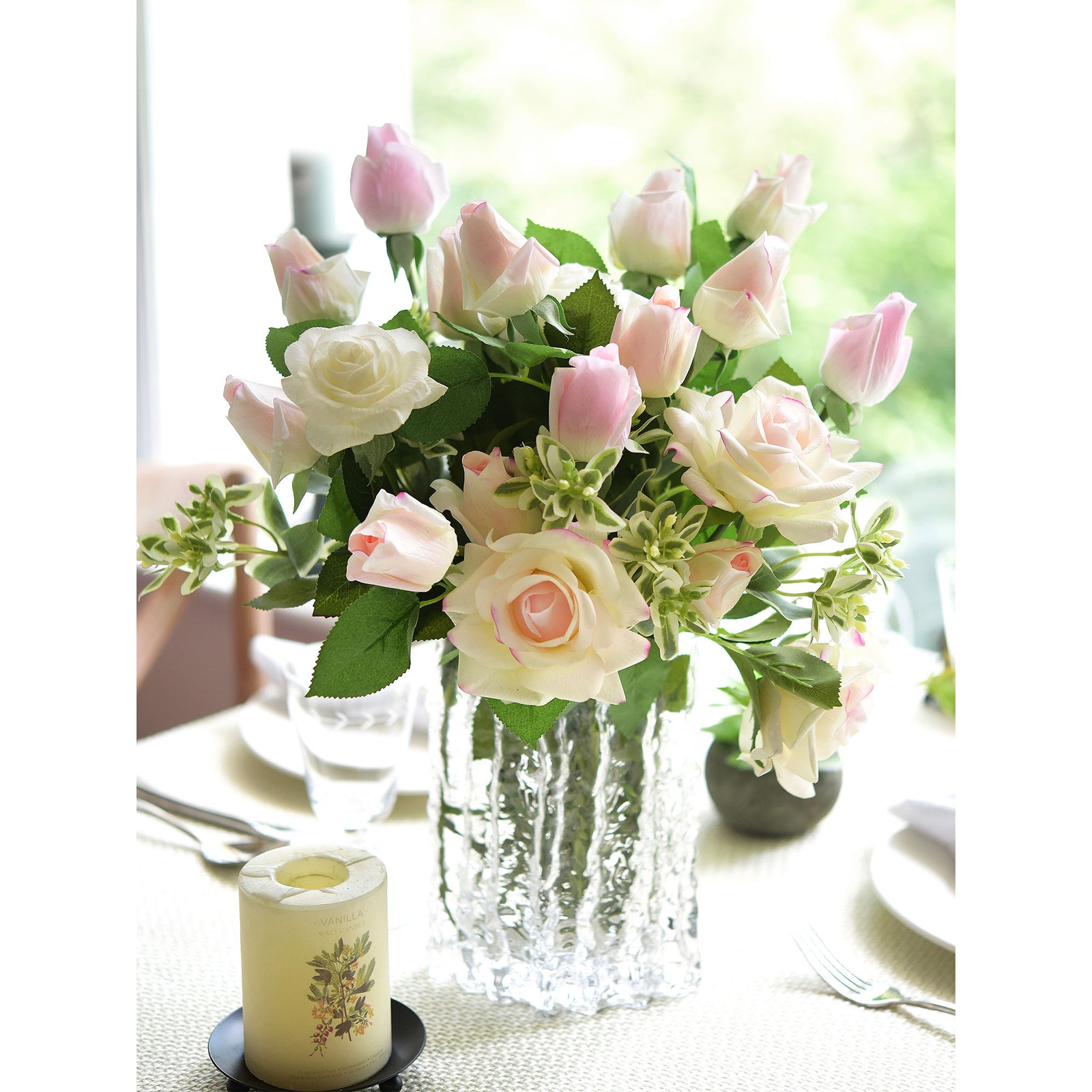 Antique White Pink Long Stem 21 inches Roses Real Touch Silk Artificial Flowers 12 Stems