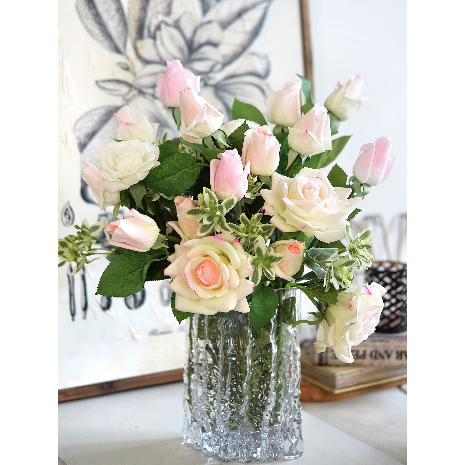 Antique White Pink Long Stem 21 inches Roses Real Touch Silk Artificial Flowers 12 Stems