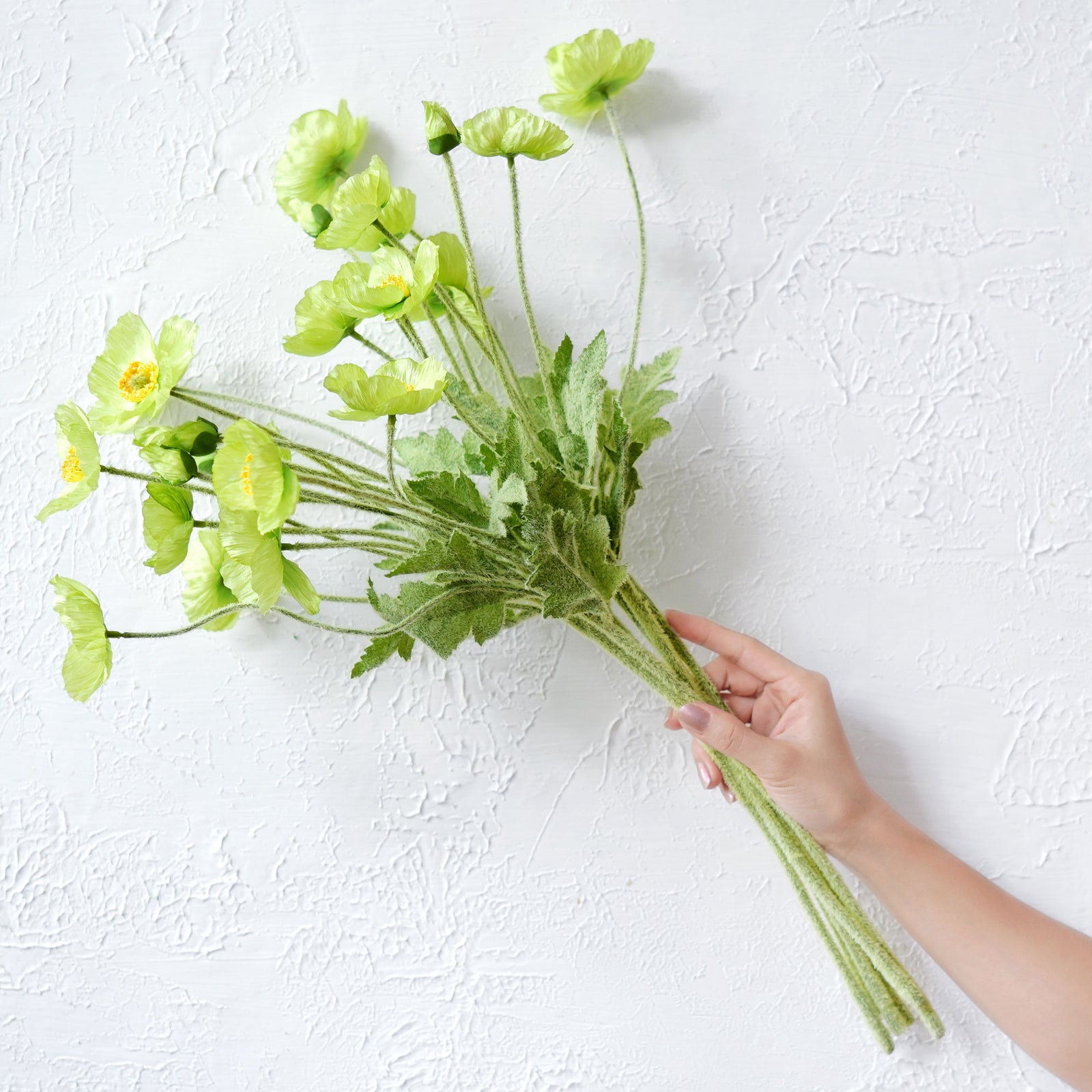 Pale Green Silk Poppies Artificial Flower Bouquet for Remembrance Home Wedding 6 Stems 23.6'' (60cm)