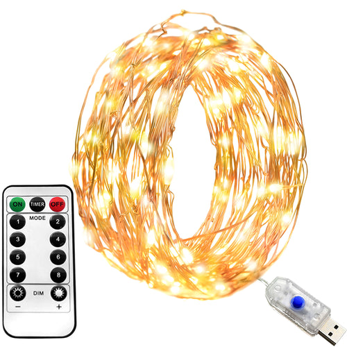 33ft (10 meters) Copper Wire Fairy Twinkle String Lights 100 LED Warm White 8 Mode with Remote