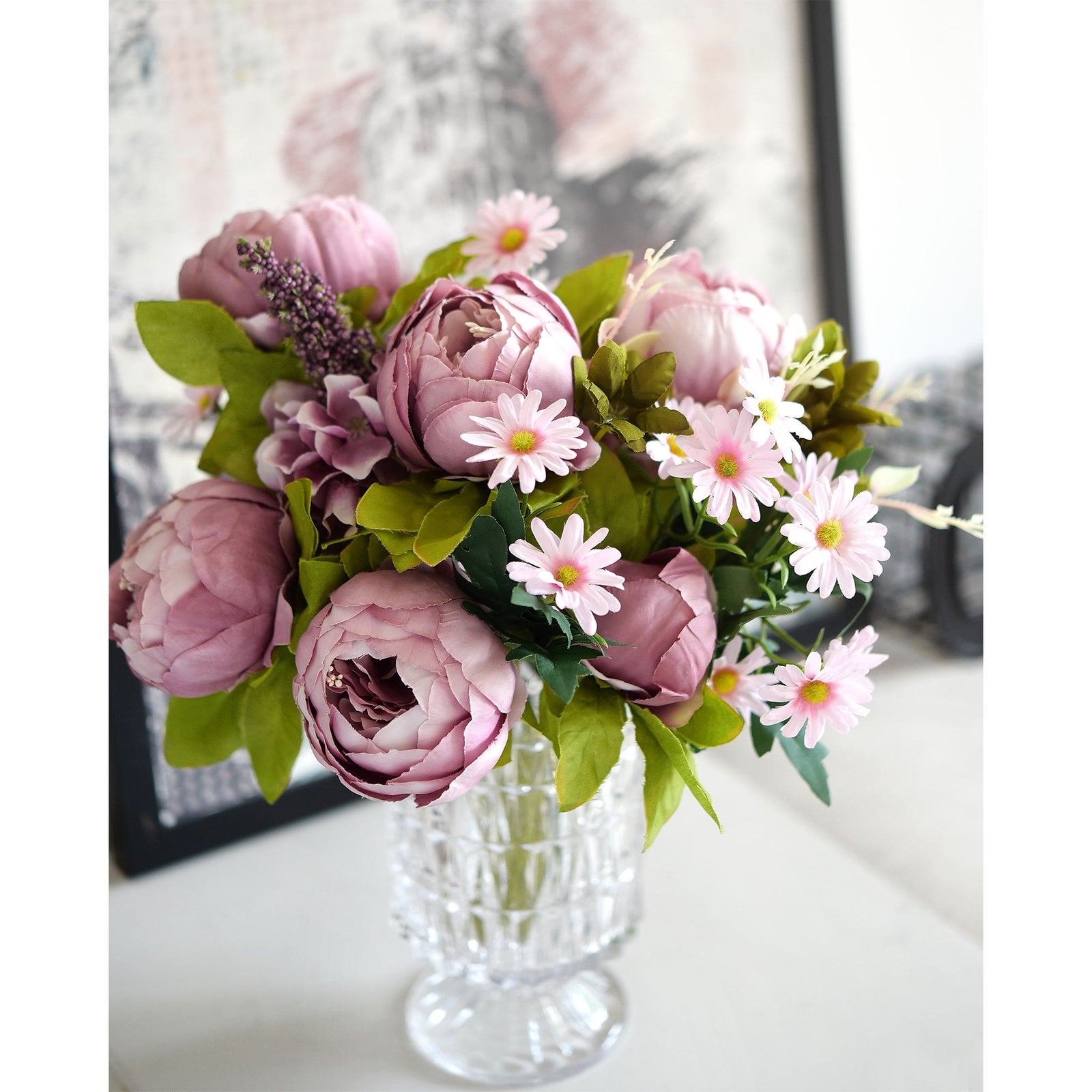 Bohemian Pink Light Mauve Peony and Pink Daisy Mix Flower Bouquet Artificial Flowers Arrangement FiveSeasonStuff Floral