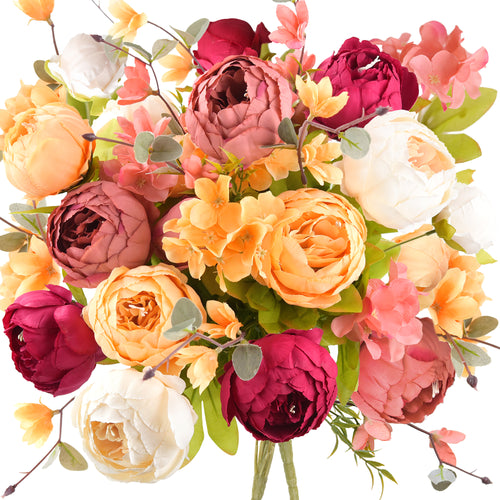 Peonies Bouquet in Cream, Burgundy, Peach, and Pink – 2 Bundles of Silk Artificial Flowers for Weddings, Home, and Centerpieces