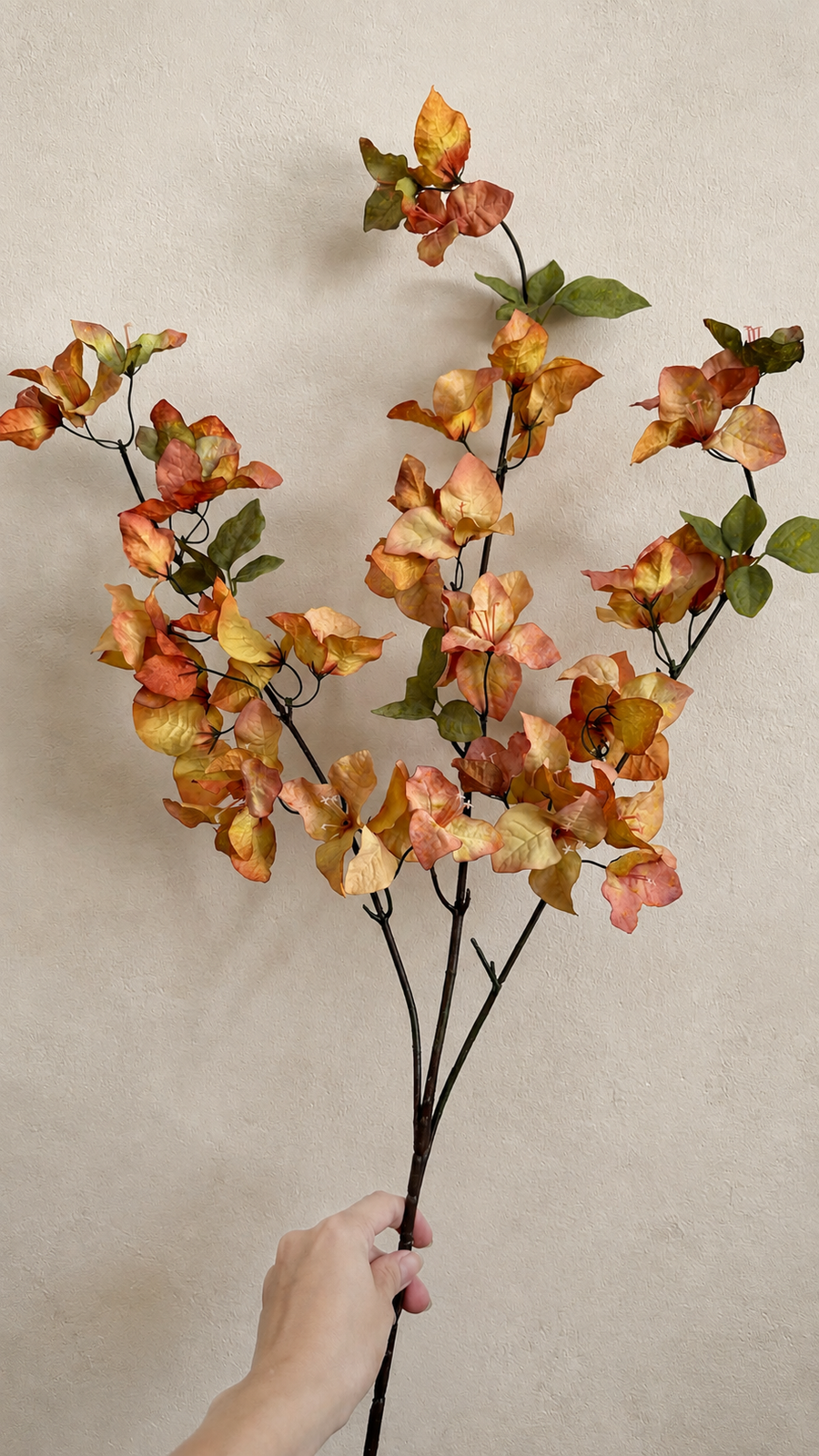 Full-length 37.4-inch Autumn Apricot artificial bougainvillea branch held for scale