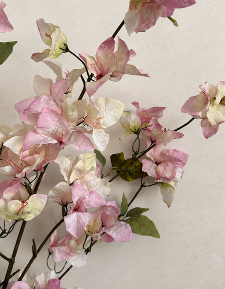 Close-up of Blush Pink artificial bougainvillea flowers and green leaves