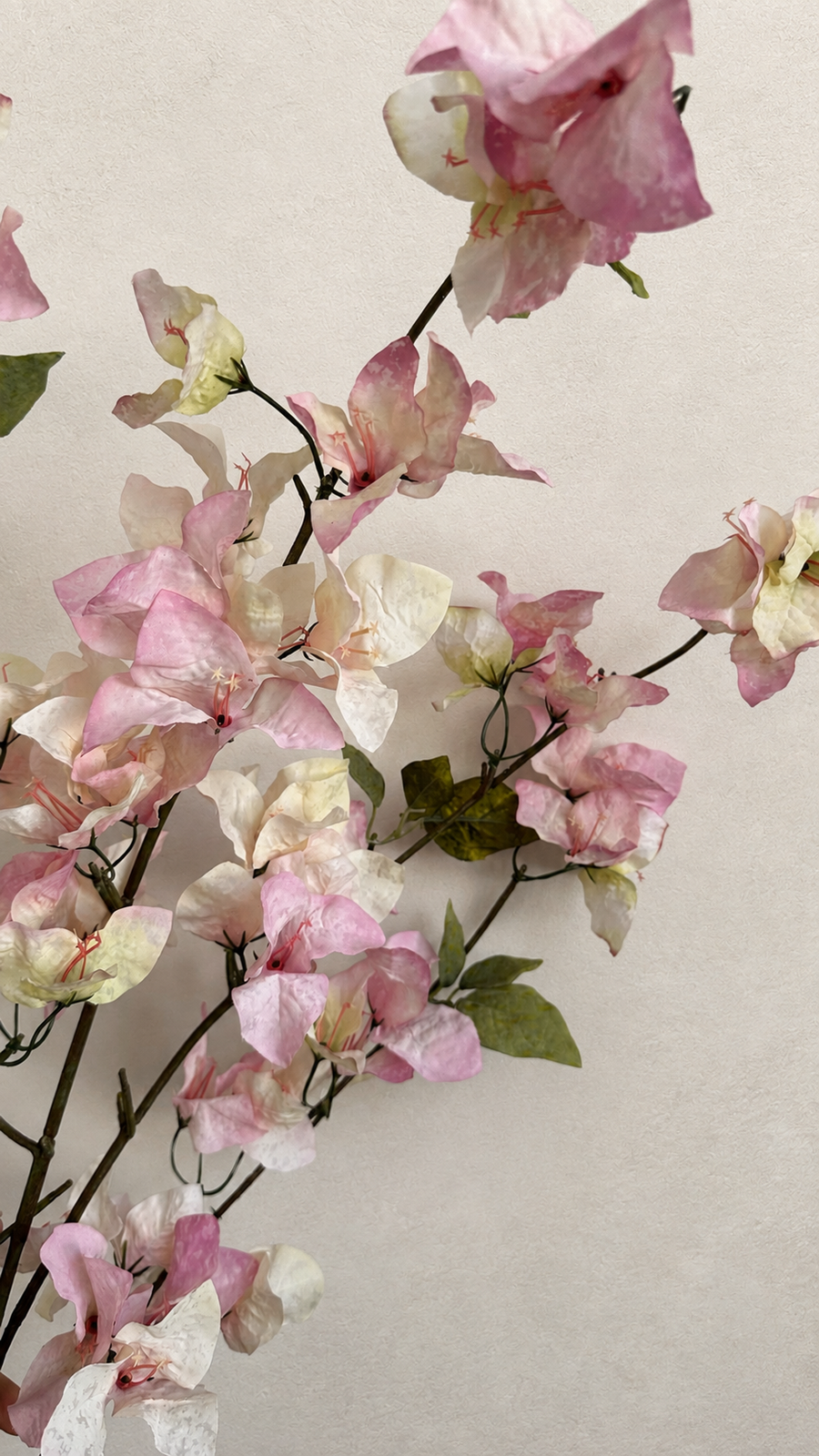 Close-up of Blush Pink artificial bougainvillea flowers and green leaves