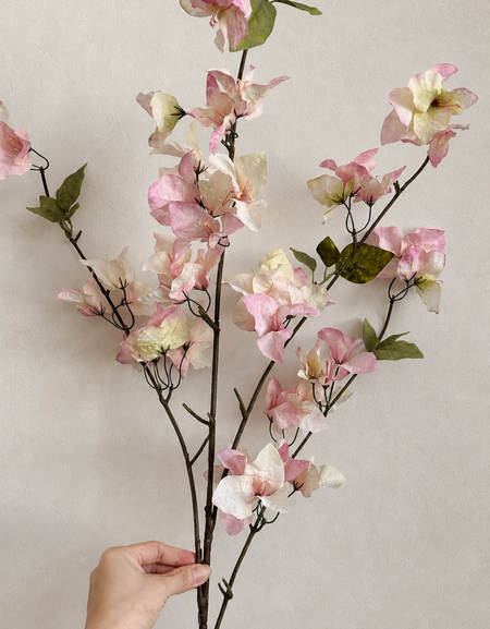 Full-length 37.4-inch Blush Pink artificial bougainvillea branch held for scale