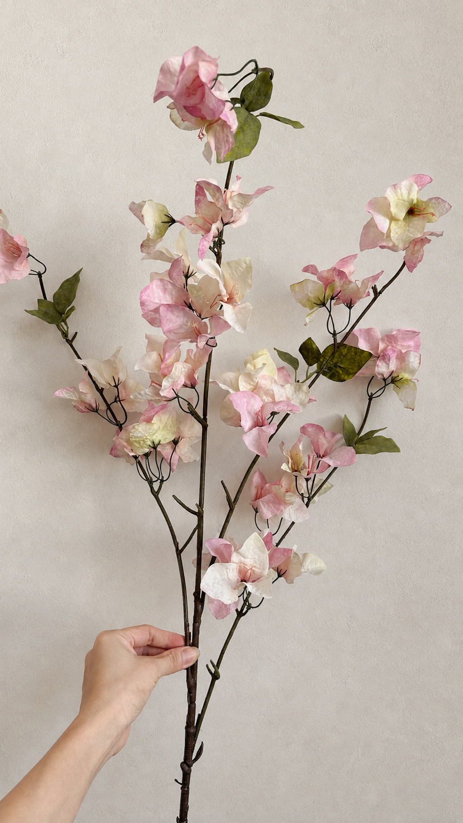 Full-length 37.4-inch Blush Pink artificial bougainvillea branch held for scale