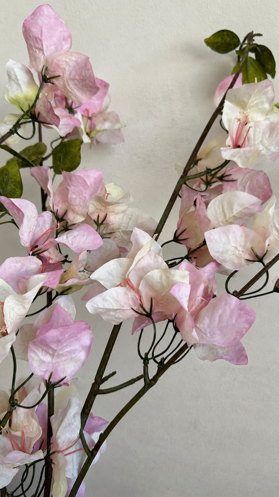 Blush Pink faux bougainvillea petals with flexible branch and leaf detail