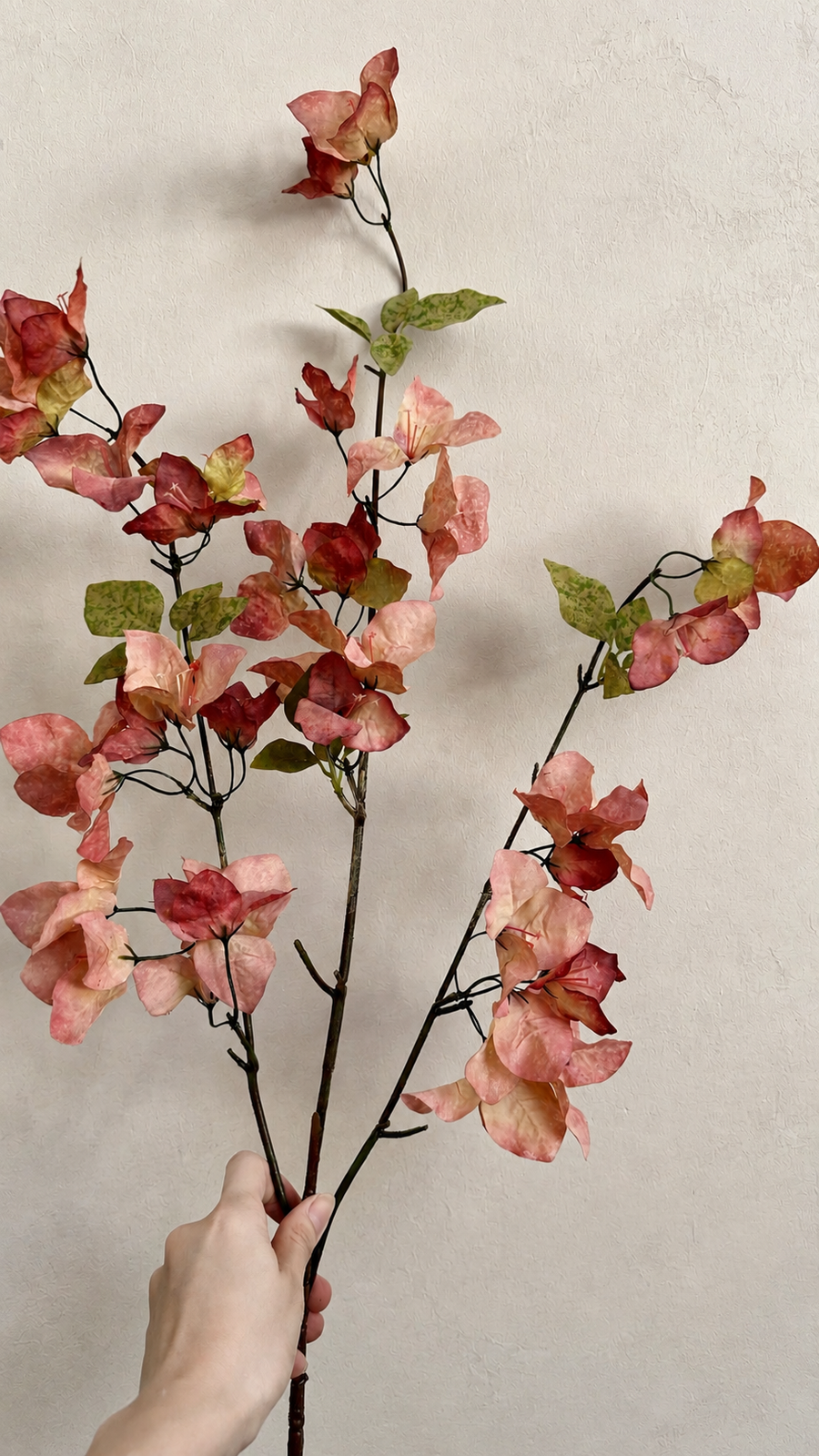 Full-length 37.4-inch Coral Blush artificial bougainvillea branch held for scale
