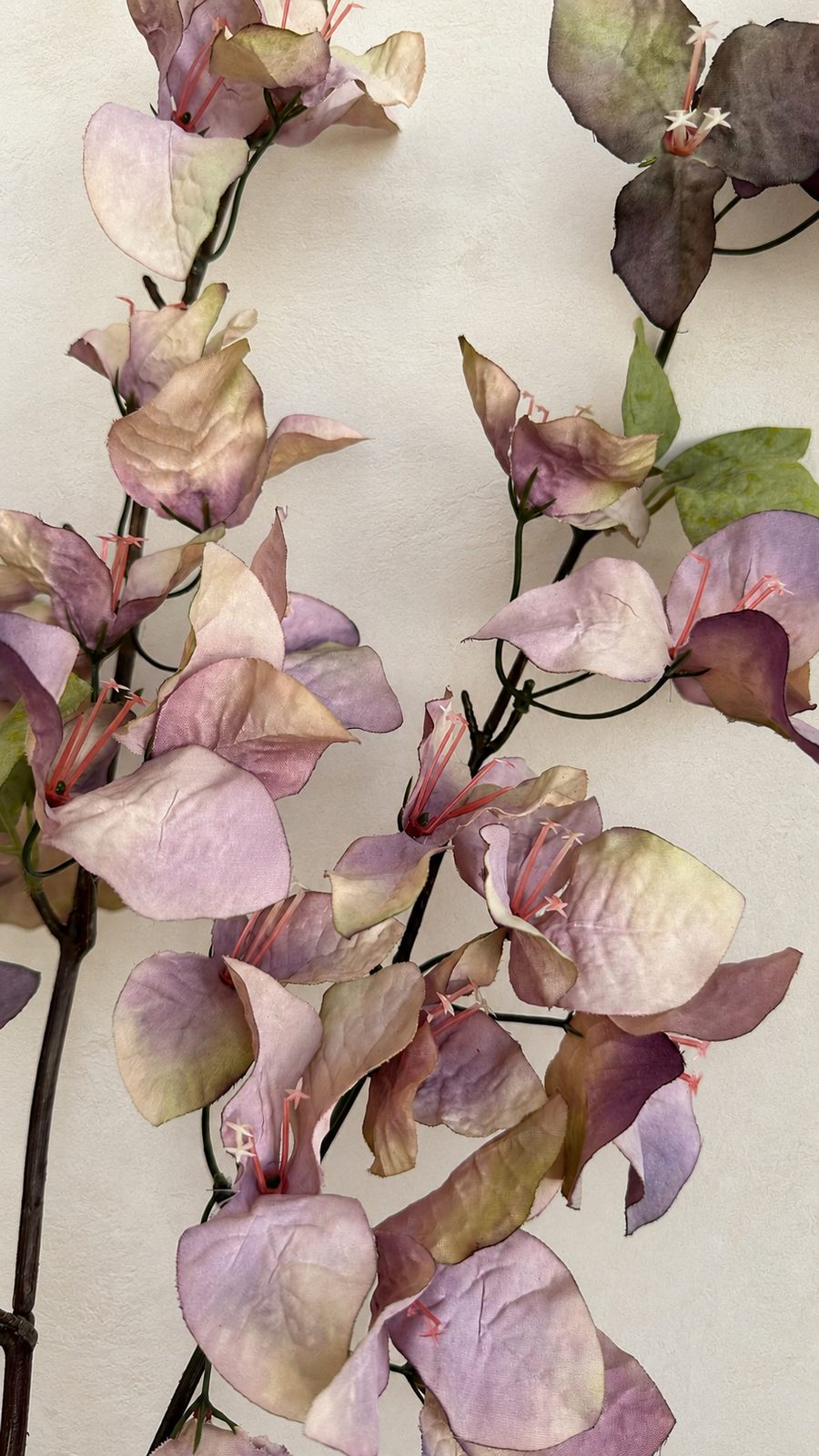 Dusty Mauve artificial bougainvillea petals, leaves and flexible branch detail