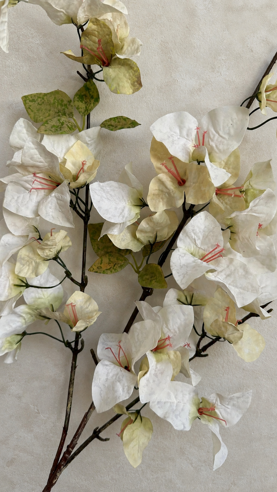 Ivory Cream faux bougainvillea petals with flexible branch and leaf detail