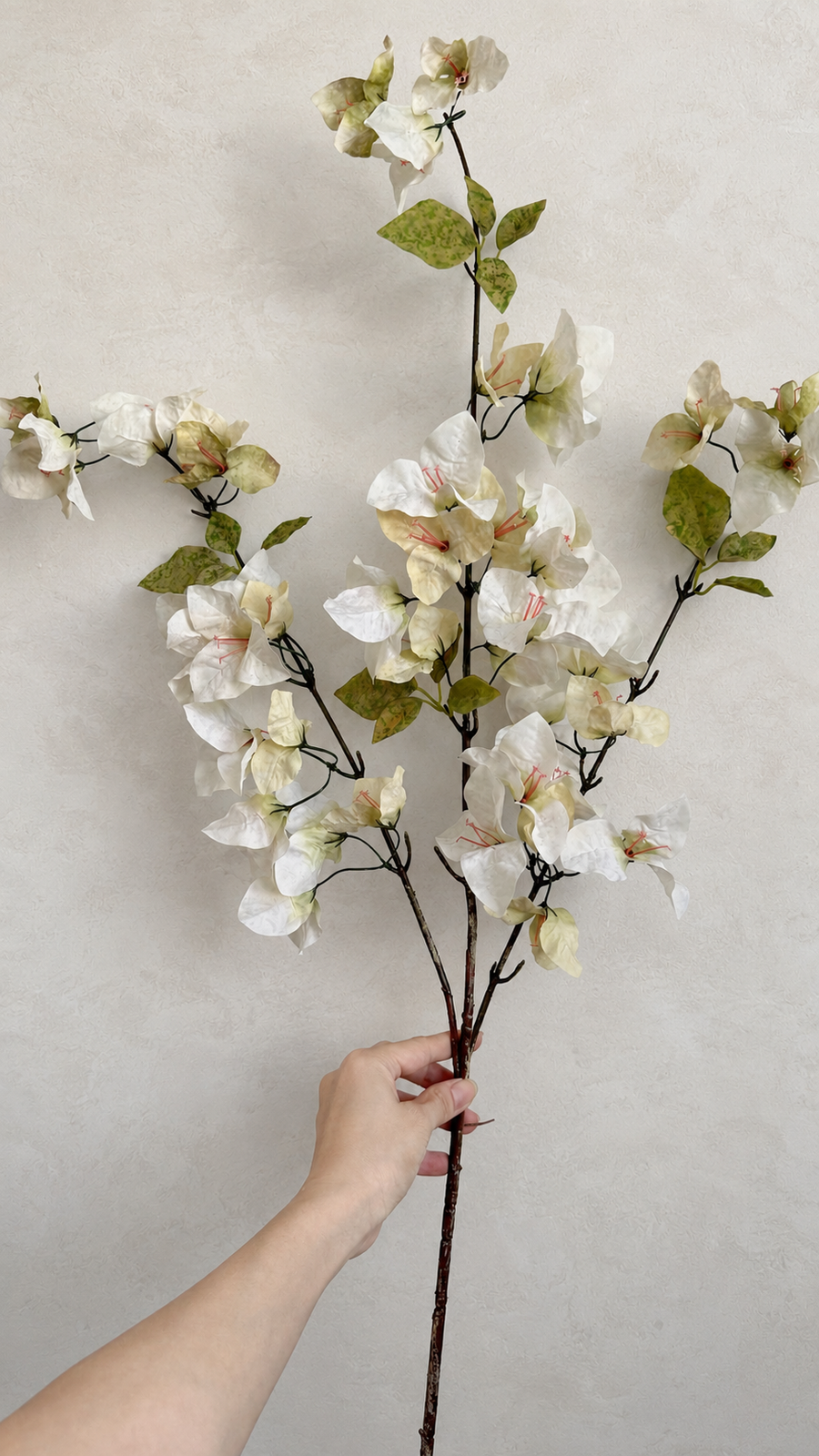 Full-length 37.4-inch Ivory Cream artificial bougainvillea branch held for scale