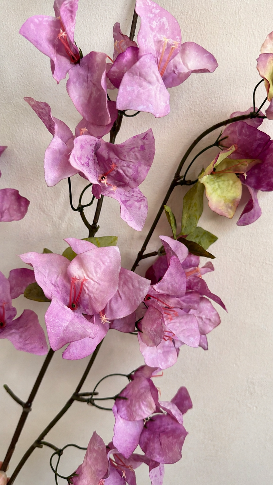 Orchid Purple faux bougainvillea petals with flexible branch and leaf detail