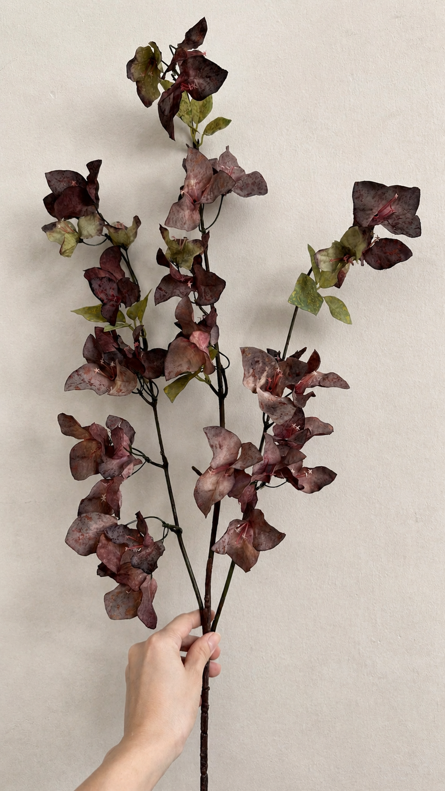 Full-length 37.4-inch Smoky Plum artificial bougainvillea branch held for scale