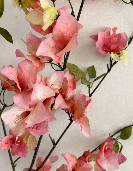 Close-up of Warm Coral Pink artificial bougainvillea flowers and green leaves