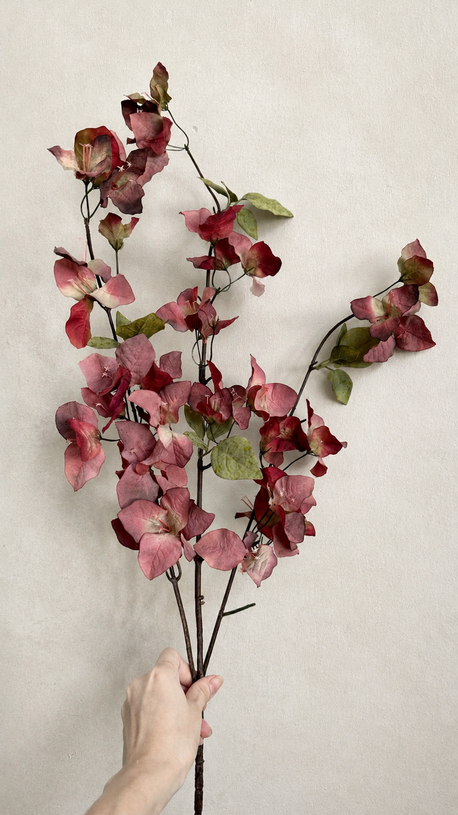 Full-length 37.4-inch Wine Burgundy artificial bougainvillea branch held for scale