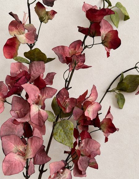 Wine Burgundy faux bougainvillea flowering stem showing its natural branching shape