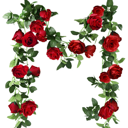 2 Pcs Red Artificial Silk Rose Garland Vine Plant Flower Leaves