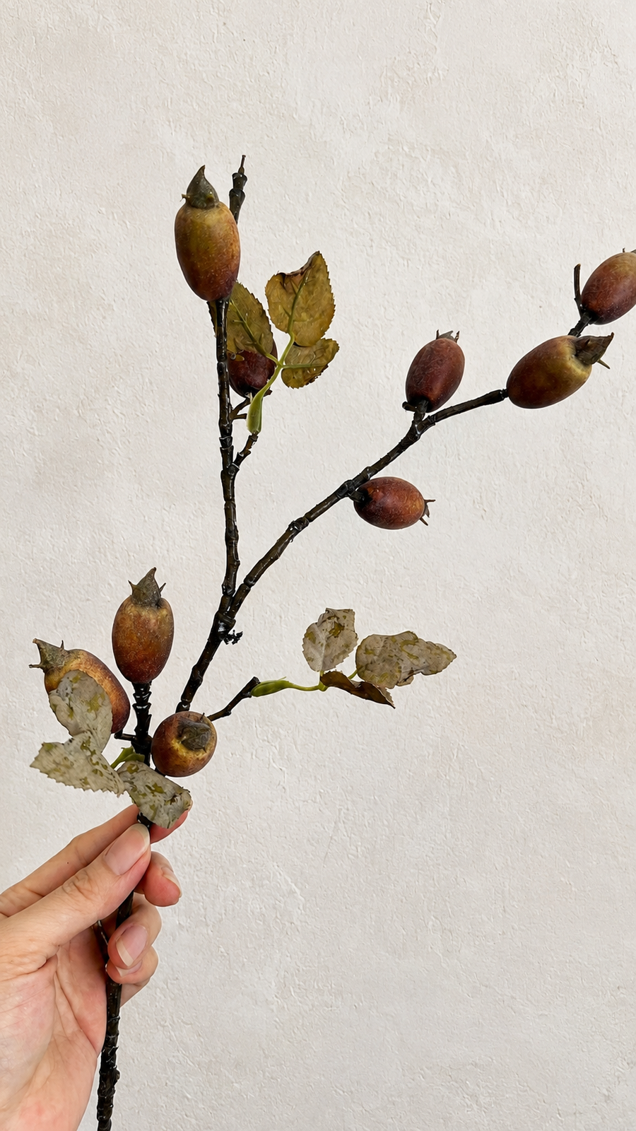 Rustic brown red faux rosehip berry branch, 23.6 inch full stem