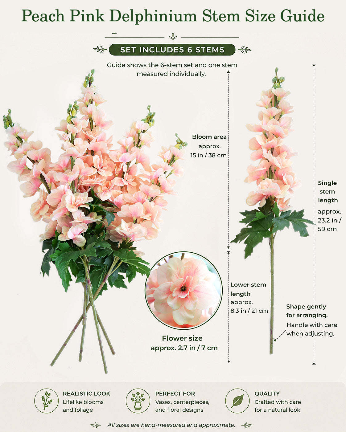 Peach pink artificial delphinium stem size guide showing 6 stems, bloom area and single stem length